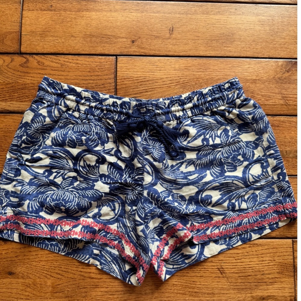 LOFT Blue Palm Floral Embroidered Linen Pull-On Shorts Women's M Beachy Boho
